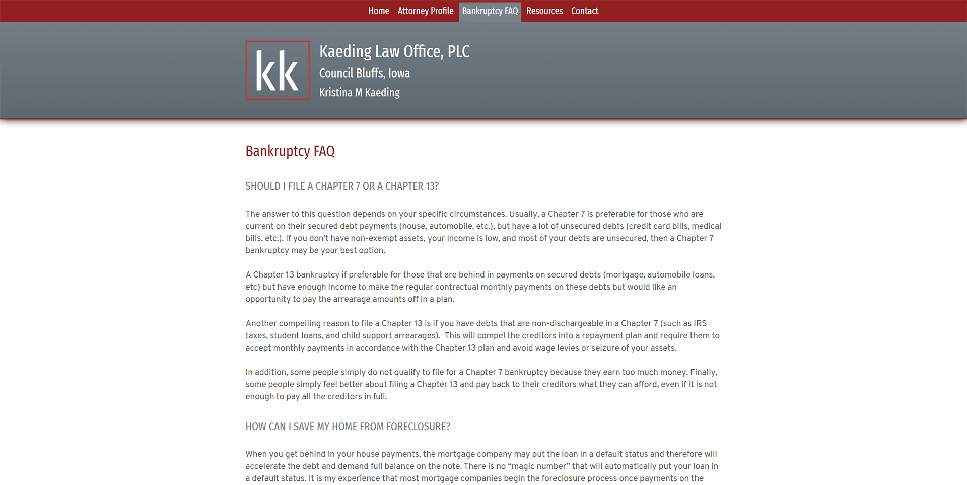 Kaeding Law Office Bankruptcy FAQ Page